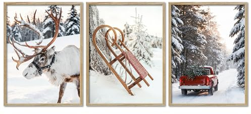 ARTFAVES® Poster Set - Christmas Trio 1-3-teilige Bildercollage Wohnzimmer, Schlafzimmer - moderne Wandbilder Weihnachten, Winter - 30x40 cm - mit Rahmen Eiche