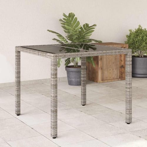 Frdhee Biertisch Terrassen Couchtisch,Gartentisch mit Glasplatte Grau 90x90x75 cm Poly Rattan,Esstische für Balkon,Garten,Terrasse