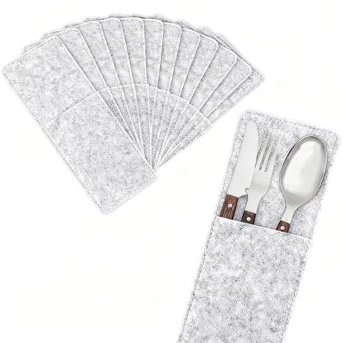 Sqxaldm 12 Stück hellgrau Filz, Bestecktasche, Besteck-Hülle, Bestecktaschen aus abwaschbar, Elegante Filz-Tafelgeschirrrolle Besteckrollen 25x10 cm ideal für Gastronomie, Feiern und party