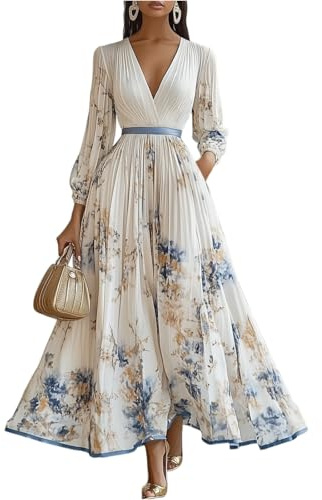 BUhuiBabubu Long Sleeve Dress Women UK - Ladies Flowy Party Dresses 2026 V-Neck Puff Sleeve Empire Waist Floral Dresses Elegant Wedding Guest Maxi Dress
