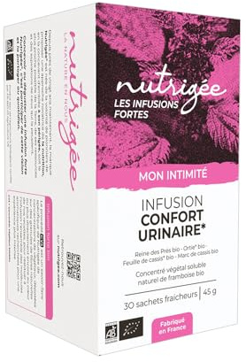 Infusion Confort Urinaire Bio | soutien élimination rénale et bien-être quotidien | reine des prés, ortie, cassis | goût framboise naturel | 30 sachets | fabriqué en france | Nutrigée