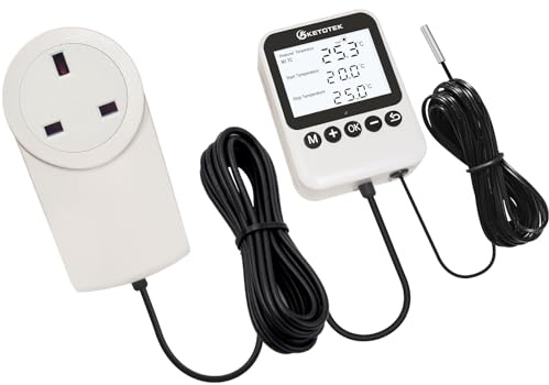 KETOTEK Digital Thermostat Timer Plug Socket UK – Separate Day & Night Temp Settings, Temperature Controller 230V for Reptile Terrarium Greenhouse, 3 Modes Selectable, 3m Sensor Probe