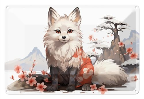 Wallario Blechschild Wandbild aus Metall Fuchs mit Kirschblüten - 20 x 30 cm in Premium-Qualität: Brillante Farben