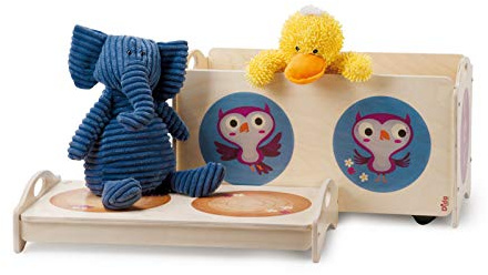 Dida - die Pancotti, Multifunktionale Spielzeugbank aus Holz mit Rädern und Deckel, Dekoriert mit Motiven von Hasen, Eulen und Igeln, Geräumiger und Vielseitiger Behälter für das Kinderzimmer