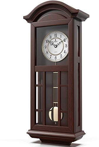 Pendulum Wall Clock - 27 inch Wooden Hanging Grandfather Wall Clock with Pendulum - Real Wood, Quiet, Non-Chiming & Battery Operated for Living Room Decor, Office & Home Décor Gift