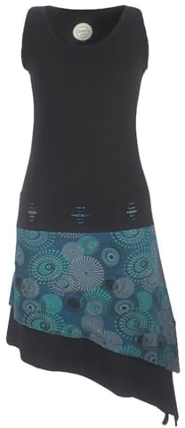 Vishes - Alternative Bekleidung - Ärmelloses asymmetrisches Lagenlook Zipfelkleid schwarz-türkis 40-42