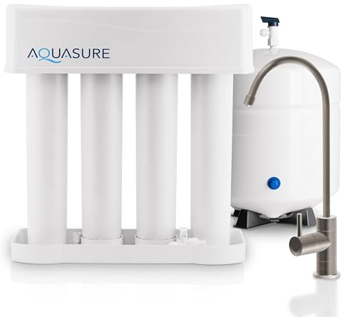 Aquasure Premier Système de filtration d'eau potable à osmose inverse RO en 4 étapes sous évier | Élimine 99 % des contaminants | 75 GPD, filtres anti-fuite, changement rapide, avec réservoir et