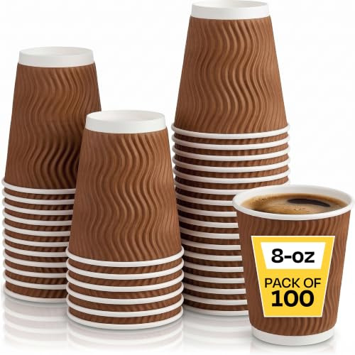 We Can Source It Ltd - Dark Brown Ripple Paper Coffee Cups 8oz, Pack of 100 | Triple Wall Insulated Hot Drink Serving Cups for Tea, Coffee & Soup - Disposable Mug for Café, Takeaway, Restuarant and Event