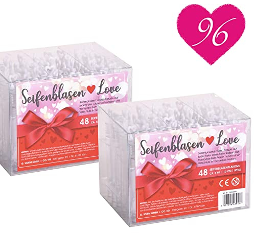 WOMA Seifenblasen Hochzeit Set 48 Stück I Set inkl. Stäbe & Flüssigkeit I Seifenblasen Love Edition in Geschenkbox I Hochzeitsseifenblasen mit Griff in Herzform I Bubble Set Wedding Decoration