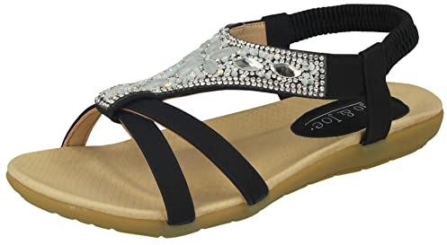 Jo & Joe Ladies Faux Leather Open Toe Sling Back T-Bar Diamante Gem Stone Flat Gladiator Summer Sandals Size 3-8 (6 UK, Black)