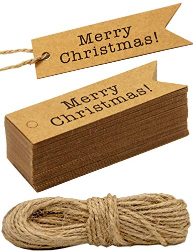 HOMETOOLS 100 Kraftpapier Geschenk-Anhänger, mit 10m Jute-Schnur, Merry Christmas, natur braun