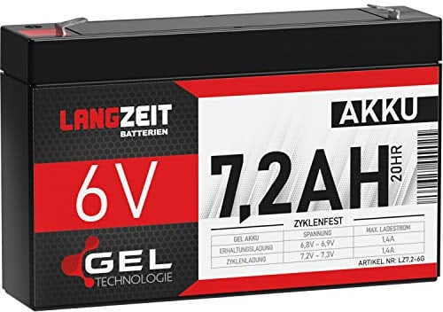 LANGZEIT 6V Akku 7,2Ah Kinderauto GEL Profi Blei-Akku elektroauto Hochleistungsakku extrem zyklenfest vorgeladen auslaufsicher ersetzt 7Ah 7,5Ah