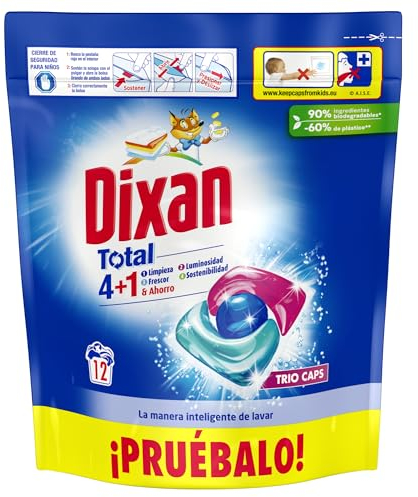 Dixan Total 3+1 Detergente en Cápsulas para Lavadora (12 lavados), jabón para ropa blanca y clara, limpieza, luminosidad y frescor en un único detergente para lavadora