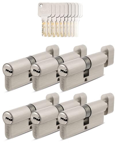 GERCAR Lot de 6 cylindres à bouton 30/30 à fermeture identique - 6 cylindres de serrure avec bouton et 30 clés - Serrure de porte de 60 mm - Longueur : 60 mm - A : 30 B : 30 - En laiton massif mat