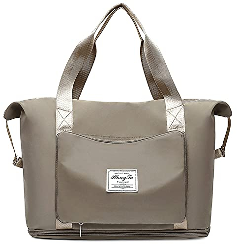 FORRICA Sporttasche Damen Herren Reisetaschen mit Nassfach Fitnesstasche Faltbar Erweiterbar Trainingstasche Gym Sport Tasche Groß Sporttaschen Khaki
