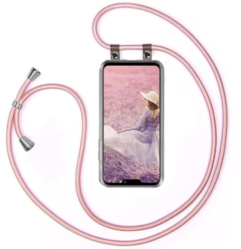 moex Handykette für LG G8 ThinQ Hülle mit Band abnehmbar, Handyhülle mit Kette zum Umhängen, Handyband 155 cm lang Stoff Kordel Umhängehülle, Handy Umhängeband, Rosegold