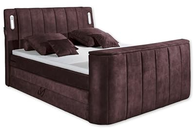 DALLAS 6 Boxspringbett 180x200 mit Bettkasten, Aubergine - Bequemes Doppelbett mit motorisierter TV-Halterung & LED-Beleuchtung - 186 x 126 x 244 cm (B/H/T)