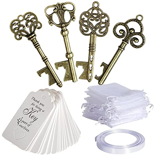 Lot de 40 décapsuleurs vintage en forme de clé avec étiquette de carte d'accompagnement, sacs en organza et ruban pour fête de mariage, décoration rustique, bronze