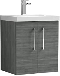 nuie ARN521A Arno Modern Bathroom Wall Hung 2 Door Vanity Unit with Mid-Edge Ceramic Basin, 500mm, Woodgrain Anthracite