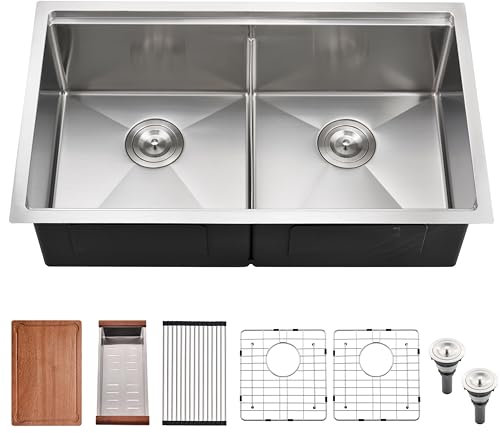 30×19×10 Inch Undermount Double Bowl Workstations Kitchen Sink - HACHENL Inch Undermount Workstations 16 Gauge Stainless Steel Kitchen Sink 50/50 Double Bowl Kitchen Sink