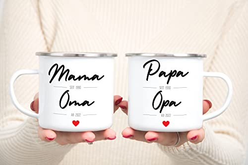 Emaille Tasse Du wirst Oma & Du wirst Opa mit Daten der Geburt, Schwangerschaft verkünden, Ihr werdet Oma und Opa 2023 | Personalisierte Emaille Tasse | Papa seit Opa ab Mama seit Oma ab,
