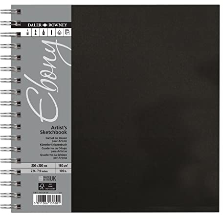 Daler-Rowney Ebony Sketchbook 160gsm Square 20 x 20cm 54 Sheets | Smooth Paper Portrait Sketchbook, Spiral Bound, Natural White Sheets, For Professional Drawing & Sketching Artists
