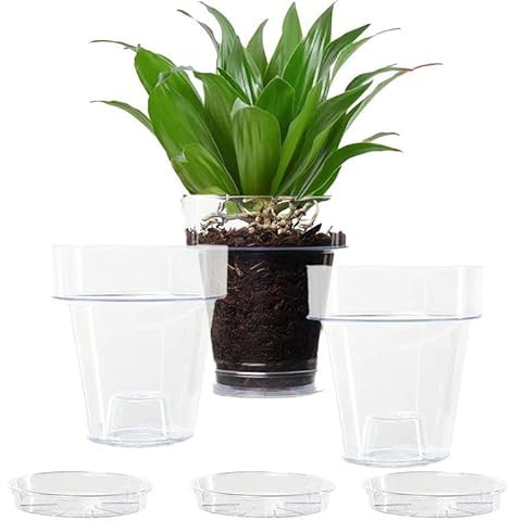Virsus 3 Vasi rotondi per piante diametro 14 cm, con 3 sottovasi trasparenti diametro 12 cm, design elegante, per piccole piante e fiori, per interno ed esterno, resistente ai raggi UV (Clear)