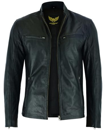 Leatherick Chaqueta de motociclista de piel de cordero para hombre - Chaqueta de motociclista negra, resistente y cálida, con cremallera (FR/ES, Letras, M, Regular, Regular, Chaqueta Hooper negra)