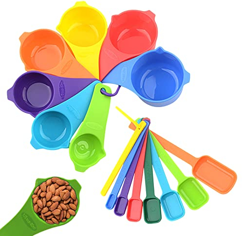 Cdemiy Cucharas Medidoras y Regla de Medición, Juego 15 Piezas Cuchara Medidora Gramos el Plastico, Tazas Medidoras Measuring Cups and Spoons, para Medir Líquidos y Los Ingredientes Secos la Cocina