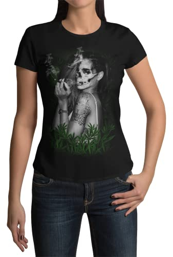 Modernes Damen Tshirt Motiv Tattoo Skull Girl Totenkopf Design Frauen T-Shirts Grunge Outfit Rockiges sportliches Kurzarm Shirt Clothes Größen XS-XXXL