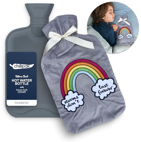 CHILLIPAK Fluffy Hot Water Bottle with Cover UK - Large 2L Reusable Hot Water Bag for Pain Relief Back Neck Shoulder Belly with Soft Sherpa Cover Cute Embroidery - Multipurpose Hot Cold Compress