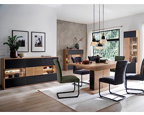 Lomadox Esszimmermöbel Set Eiche Bianco teilmassiv 4-teilig Modern, 1 Sideboard, 1 Higboard, 1 Vitrine, 1 ausziehbarer Esstisch inkl. LED-Beleuchtung