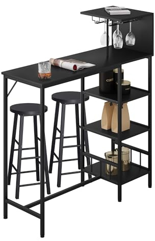 WOLTU Table de Bar, Table Haute avec 2 Tabourets Bar, Table Cuisine avec Support pour Verres à Vin, Comptoir Bar avec 3 Étagères de Rangement, Noir BT37sz+BH130sz