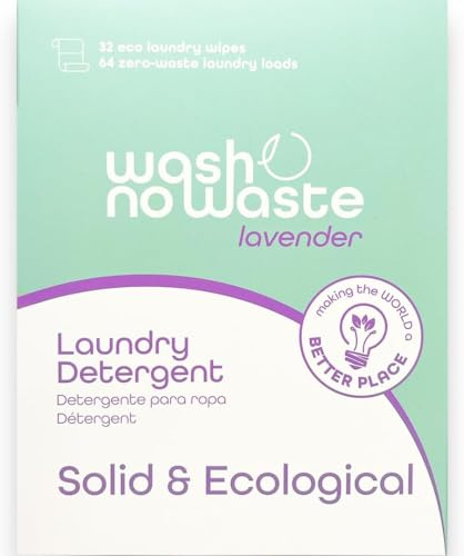 Wash no Waste - Tiras de Detergente para lavadora (64 lavados). Hipoalergénico y Biodegradable. Efecto suavizante. Gran poder de limpieza. Vegano y Cruelty Free. Libre de plásticos. … (Lavanda)