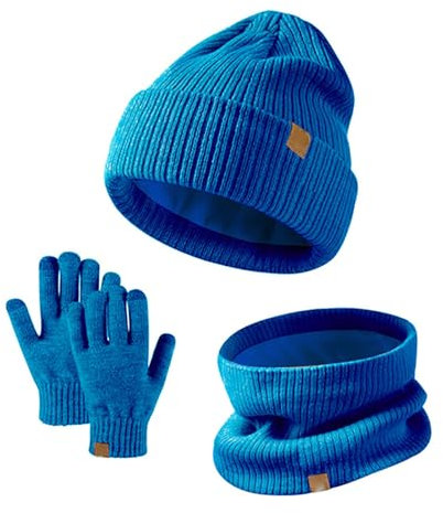 AMDOLE Schal Mütze Set Herren Mütze Handschuh Schal Sets Gestrickte Kleinkind Kappe Touchscreen Fäustling Halswärmer für Jungen Mädchen 5 14 Jahre Schal Handschuhe Hut Damen, blau, One size