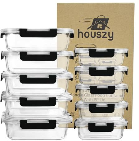 HOUSZY Glass Food Containers with Lids – Set of 10 Borosilicate Glass Meal Prep Containers – Leakproof, BPA-Free, Oven & Freezer Safe – (370ml & 1050ml)-Black