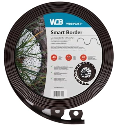 WDB Flexible Rasenkante aus Kunststoff - 30m Lang 4cm Hoch - mit 60 Befestigungsnägel - Braun