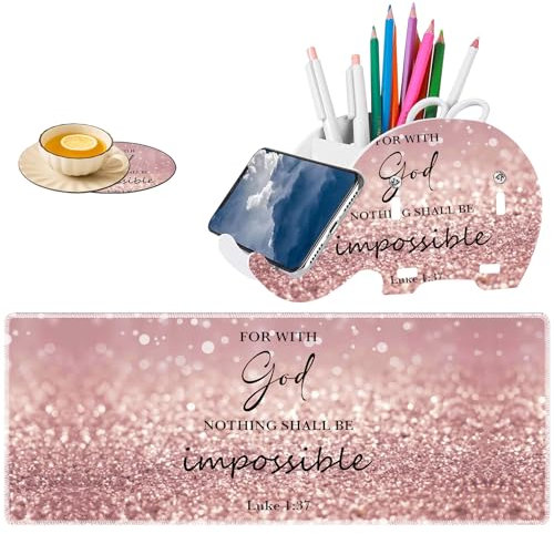Mouse Pad Set, Large Mouse Pad (31.5 x11.8)+ Elephant Pen Holder + Coaster Combination, Non-Slip Base, Gamer Table Pad, Suitable for Office and Home - Luke 1:37 Rose Gold Rainbow Glitter
