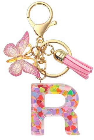 Schlüsselanhänger für Damen Mädchen Schlüsselringe Anfänglicher Schlüsselbänder Schlüsselbundbuchstabe mit Quaste Herz Charm Schmetterling Pailletten für Handytaschen Rucksack Anhänger Geldbörse R