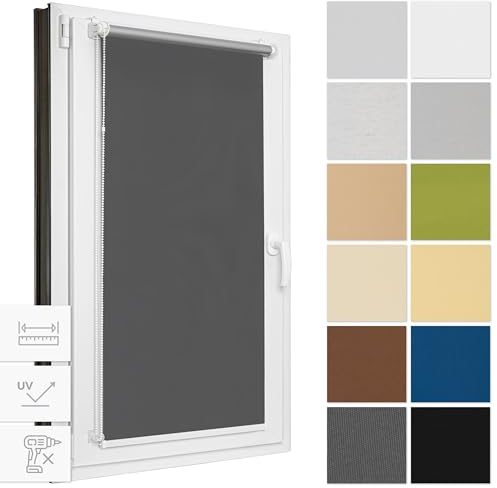 Estika Verdunklungsrollo ohne Bohren, Breite alle 1 cm - 76 cm x 120 cm - Graphit - Thermorollo, Rollos für Fenster ohne Bohren, Sonnenschutz Fenster innen