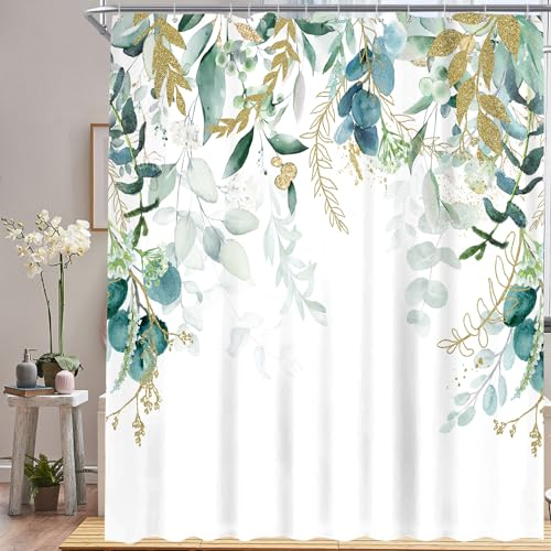 ZAOJUP Salbei grün Eukalyptus Duschvorhang für Badezimmer Pflanze Botanische Eukalyptus Blatt Aquarellgrün Blätter Blumenblätter Vorhang Wasserdeter Stoff Dusche Vorhang 180 × 200 cm