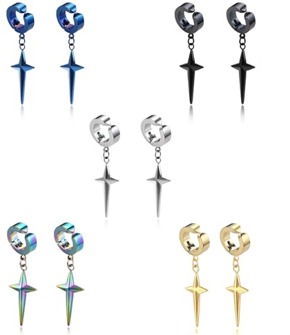 HinDaLi 5 Paar Ohrringe Kreuz Hängend Ohrringe Edelstahl Damen Gold Ohrclips Herren Ohne Ohrlöcher Ohrringe Männer Creolen Ohrringe Silber Clip Ohrringe Herren Silber Ohrhänger Herren Schwarz