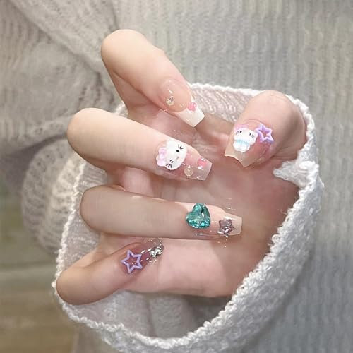 Press on Nails Long - 30Pcs French False Nails - Cute Kitty Fake Nails with Glue - Acrylic Stick on Nails - Pink White Coffin Design Fake Nails Women Girls Nail Art Accessories