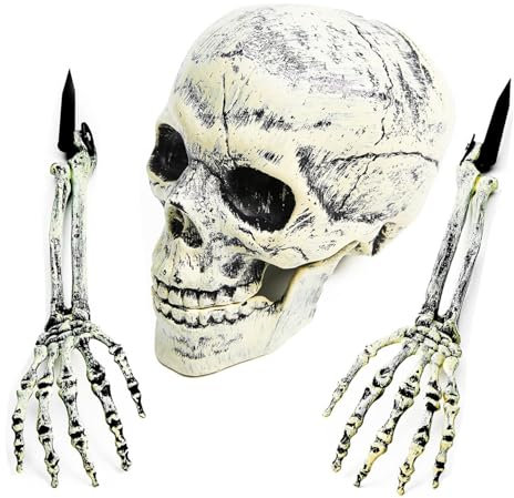 WHangXJangYE Halloween Deko Skelett, Garten Gruselig Totenkopf Set Schädel mit Skelett Hand Realistische Horror Skelett Gruseliger Skeleton für Outdoor Halloween Deko