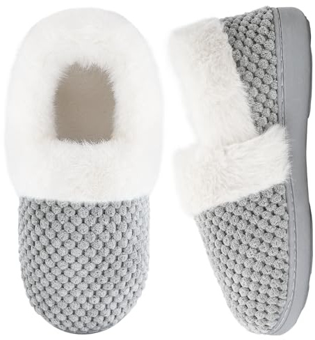 Mabove Slippers Women Fluffy Slippers Ladies Memory Foam Slippers Winter Warm Closed-back Home Slippers(Grey,3/4 UK)