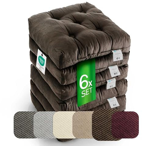 etérea Sitzkissen 42x42 cm 6er Set - Braun 8 cm hoch - Bodenkissen für Indoor, Outdoor, Küche, Garten, Auflage - Heidi Stuhlauflage - 6 Stück Stuhlkissen 40x40 cm Braun