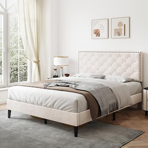 Merax 4ft6 Upholstered Bed Double Bed Frame with Adjustable Headboard,Children's bed,Youth bed,Guest bed,Velvet, Solid Wood Slats,Easy Assembly, B Beige (135x190cm NO MATRESS)