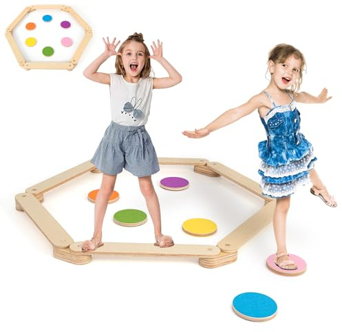 HOMASIS 18 Stück Schwebebalken Set Holz, DIY Balancierbalken mit 6 Trittsteinen & Verbindern, Balance-Board Montessori-Balancebrett für Gleichgewicht & Koordination, Balancebalken für Kinder ab 3 Jahr