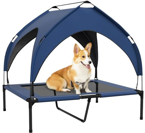 PawHut Erhöhtes Hundebett mit Baldachin, Haustierbett, Outdoor Hundeliege mit Dach, Atmungsaktiv, für große Hunde Dunkelblau Oxford 91 x 76 x 89 cm