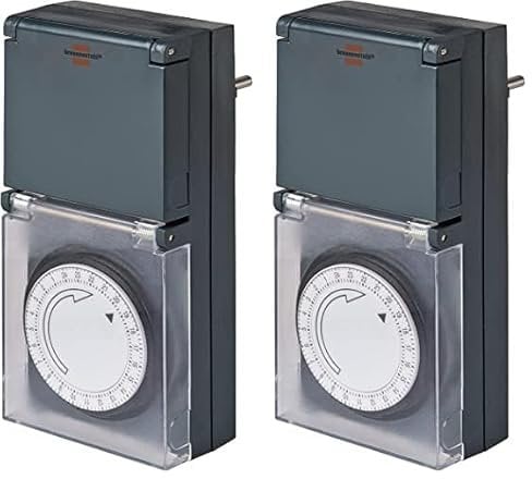 Brennenstuhl Zeitschaltuhr MZ 44, mechanische Timer-Steckdose (Tages-Zeitschaltuhr, IP44 geschützt, mit erhöhtem Berührungsschutz & Schutzabdeckung) grau (Packung mit 2)